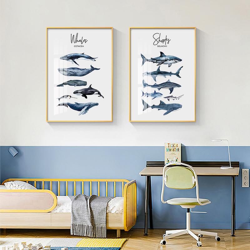 Nordic Animal Canvas Poster Nursery Wall Art Blue Whale Shark Print Painting Nautical Modern Picture for Living Room Home Decor