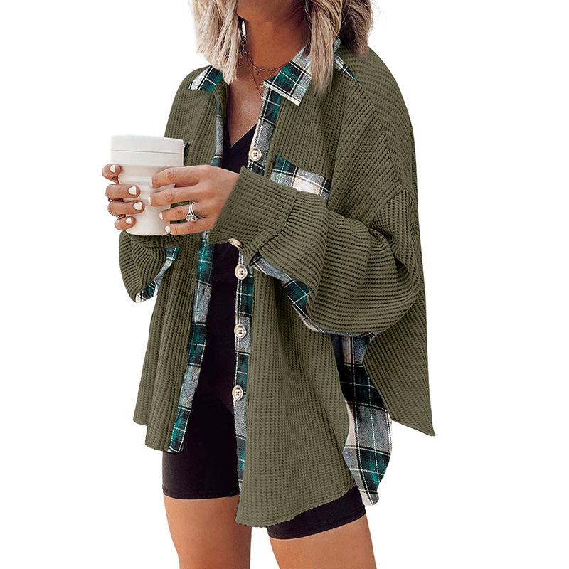 

Женская клетчатая куртка в стиле пэчворк, женское повседневное пальто с баской и лацканами, с длинным рукавом XL зелёный