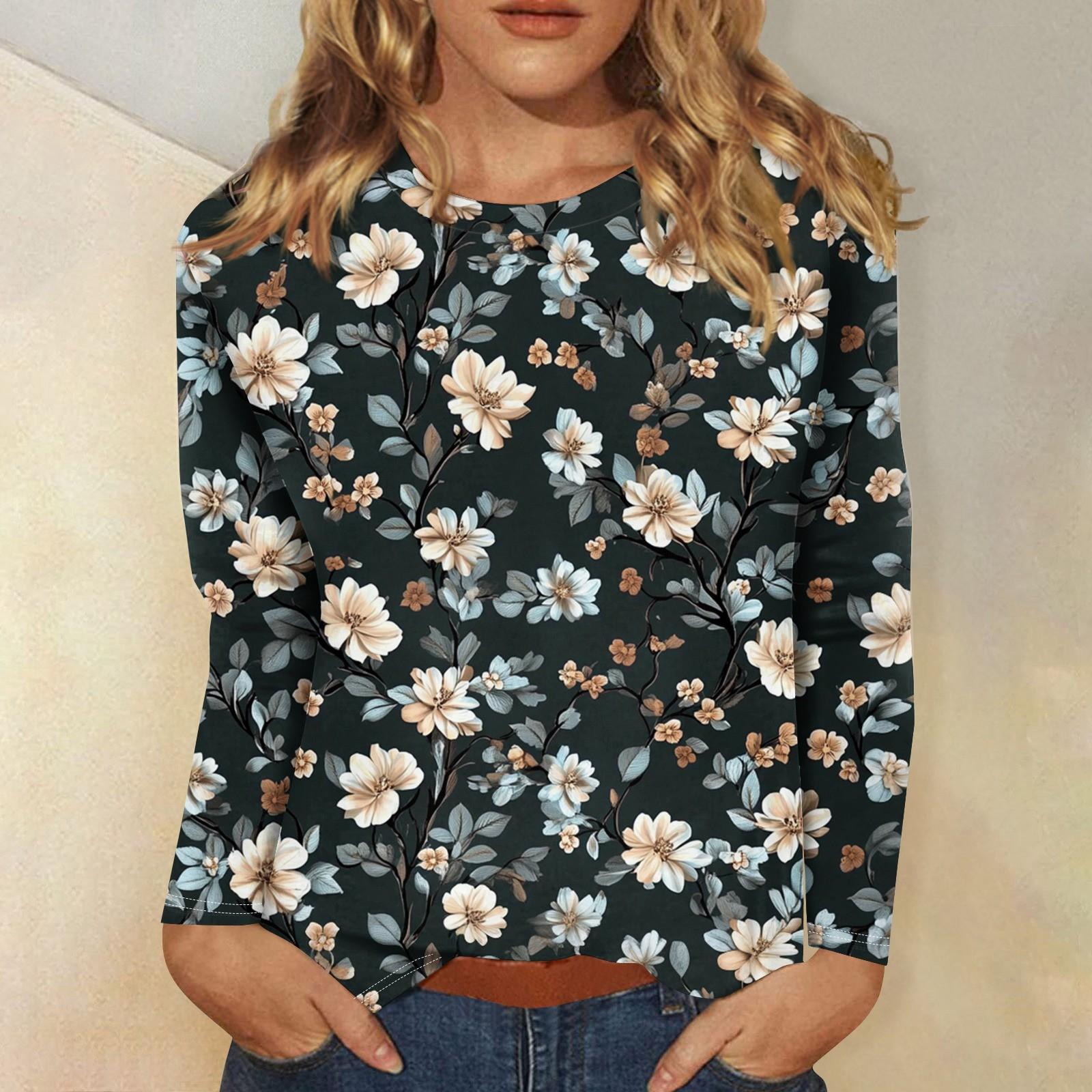 

Женская мода повседневная с длинным рукавом и цветочным принтом с круглым вырезом XL тёмно-синий