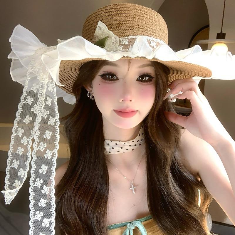 Mori Original Sweet Sun Hat Lolita Pastoral Straw Hat Sunscreen Lace Mesh Streamer Bow Hat Beauty