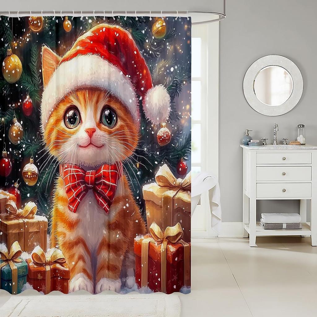 3DCute Cat Shower Curtain Christmas New Year Theme Bathroom Curtains for Kids Boys Girls Teens Lovely Kitty Decor Winter Holid