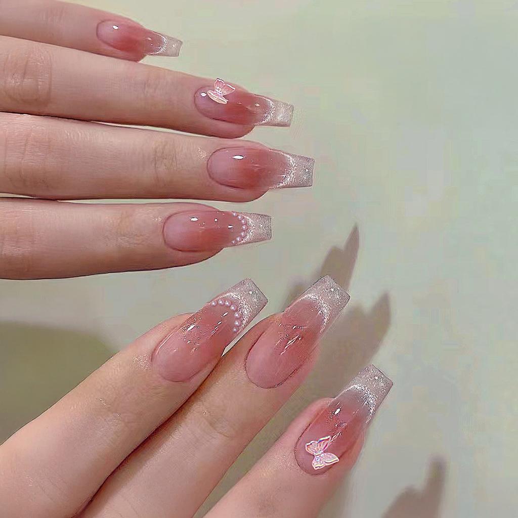 10PCS Butterfly Press on Nails Cat Eyes Blush Butterfly Fake Nails Cat Eyes Pink False Nails Handmade DIY False Nails for Women