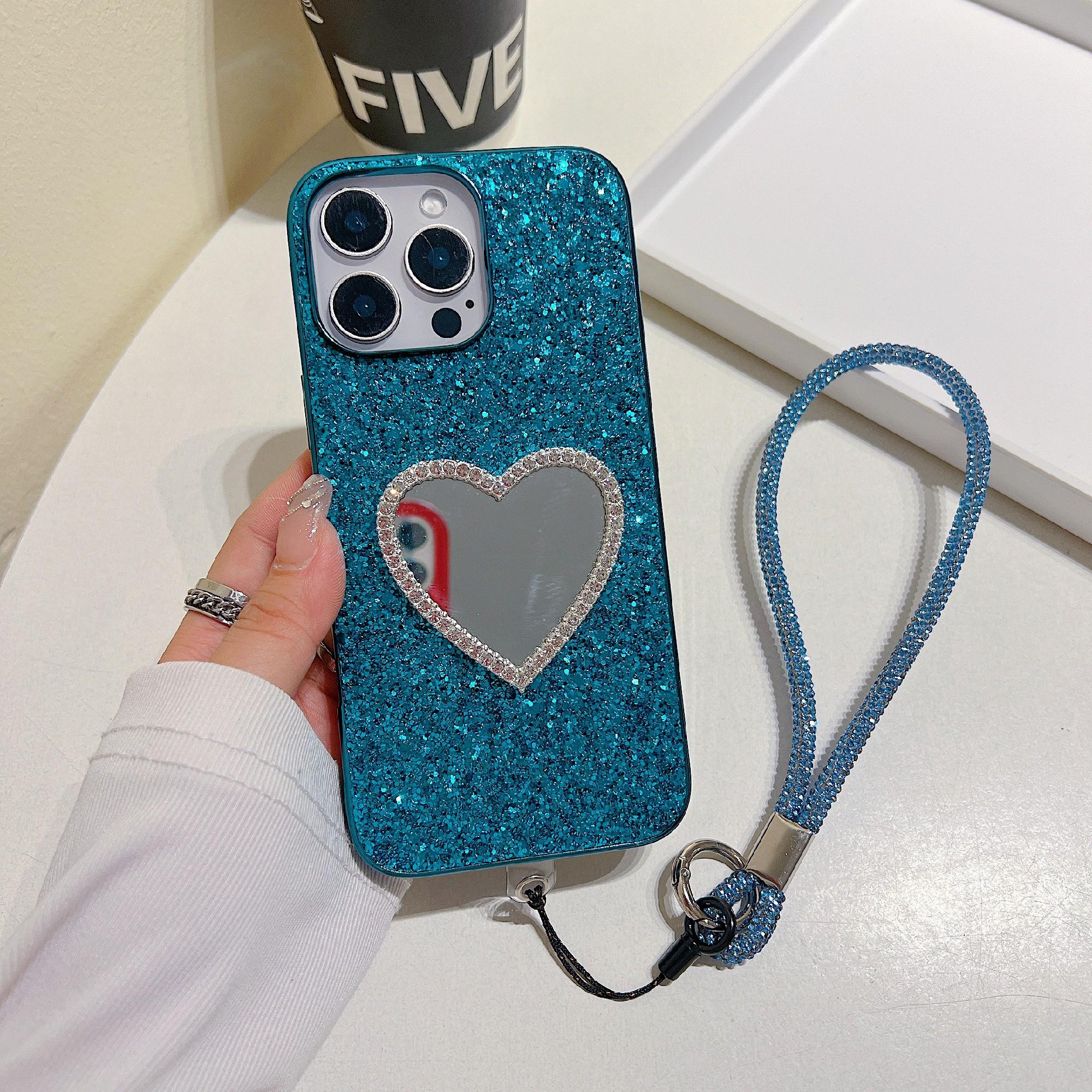 

Чохол для iPhone 16 Pro з ремінцем, Дзеркальна TPU+PC Блискуча Глітерна Задня Кришка для Телефону Blue