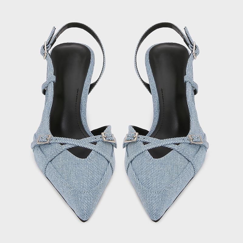 Fashion Designer Blue Denim Slingback Buckle Strap Women Pumps Sexy Pointed Toe High Heels Elegant Party Dress Shoes Zapatos De Mujer