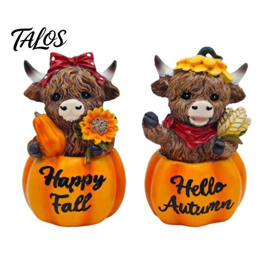 Autumn Theme Room Accessories Highland Cow Pumpkin Ornament, Resin Desktop Figurine Decorations, Creative Harvest Decor Table Centerpiece for
