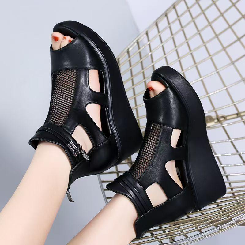 Dámské Jaro Léto Síťované Peep Toe Velké Velikosti Cool Kozačky Silná Podrážka Protiskluzové Duté Krytý Podpatek Kotníkové Boty Klínky Sandály