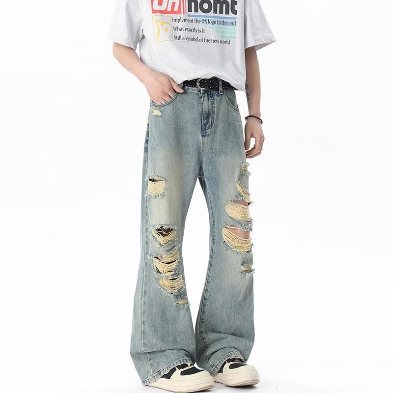 Versione coreana di jeans strappati graffiati uomo estate trendy marca larghi dritti a gamba larga ragazzi sottili casual pantaloni lunghi