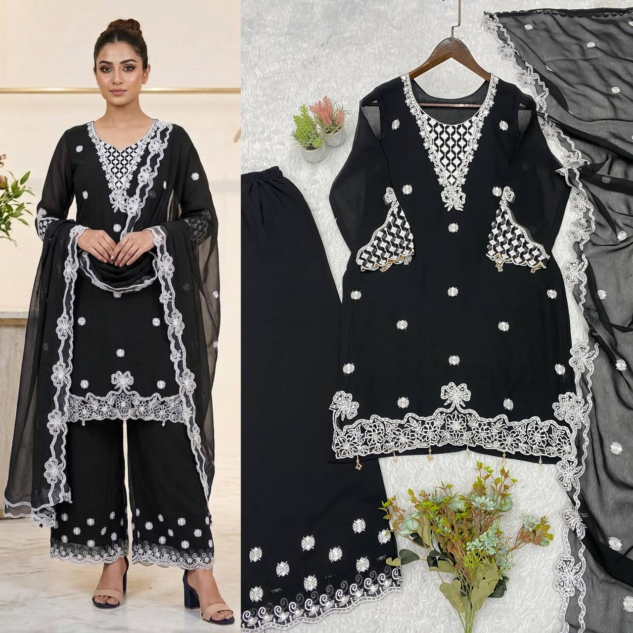 Majestic Embroidered Georgette Palazzo Suit Set M