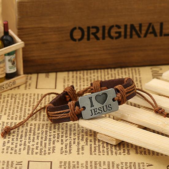 Unisex I LOVE JESUS Faux Leather Bangle Hemp Rope Chain Adjustable Bracelet