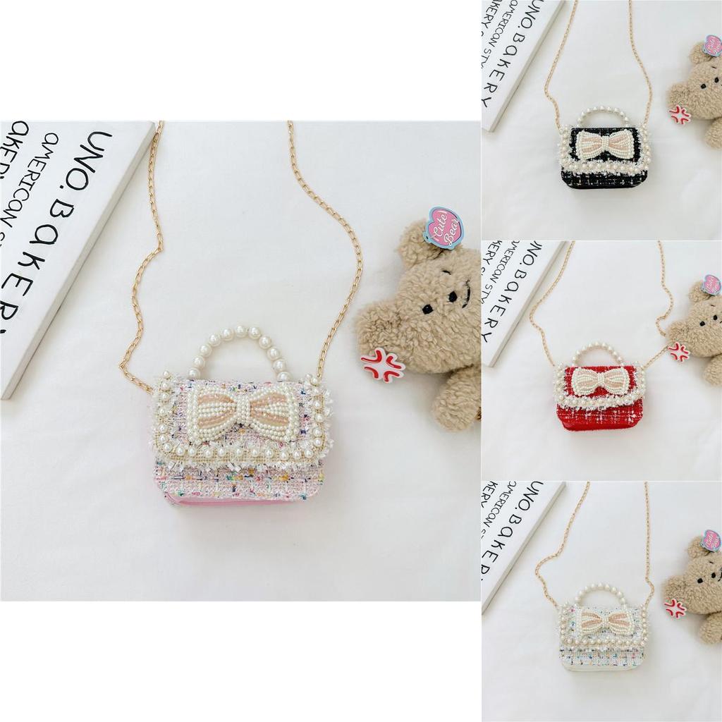 Trendy Red Mini Chain Crossbody Bag For Kids With Charming Bow Design And Lightweight Canvas Material