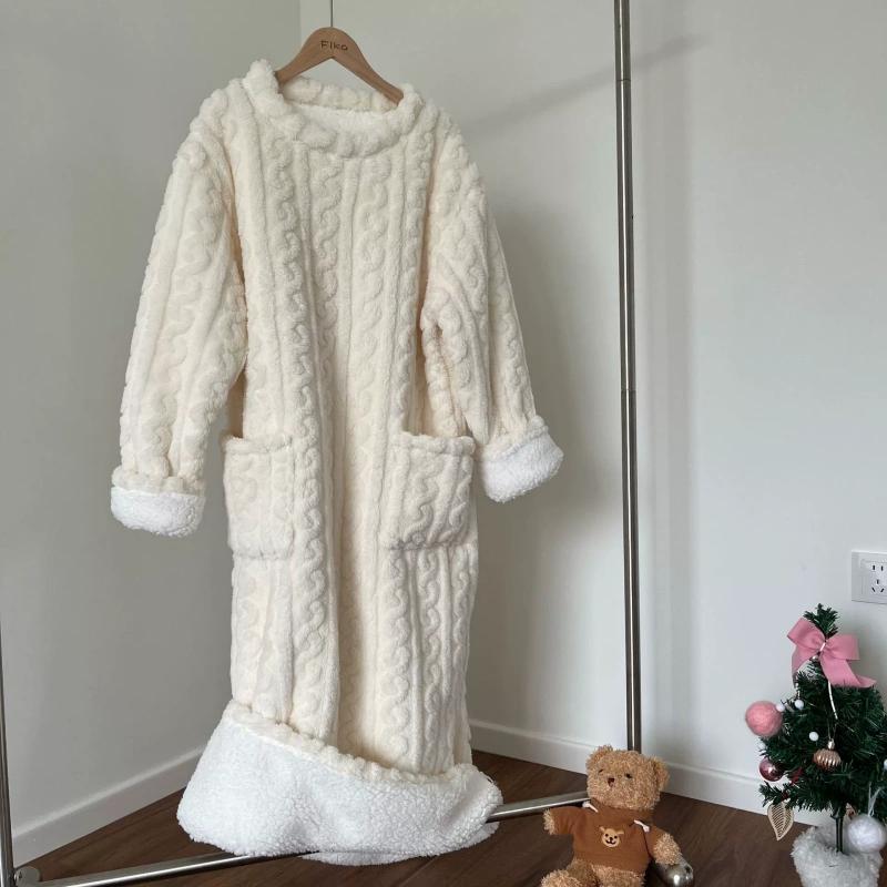 Coral Fleece Jacquard Nightgown Winter Pajamas Warm Homewear Nightdress