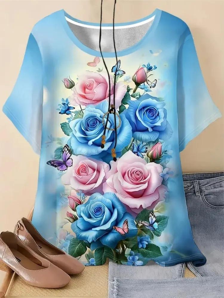 Summer women's printed pattern T-shirt casual short sleeved top fashionable women's round neck T-shirt