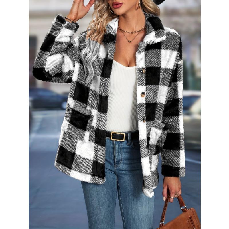 Ladies Temperament Plaid Tweed Jacket Autumn and Winter Loose Long-sleeved Thickened Cardigan Tops
