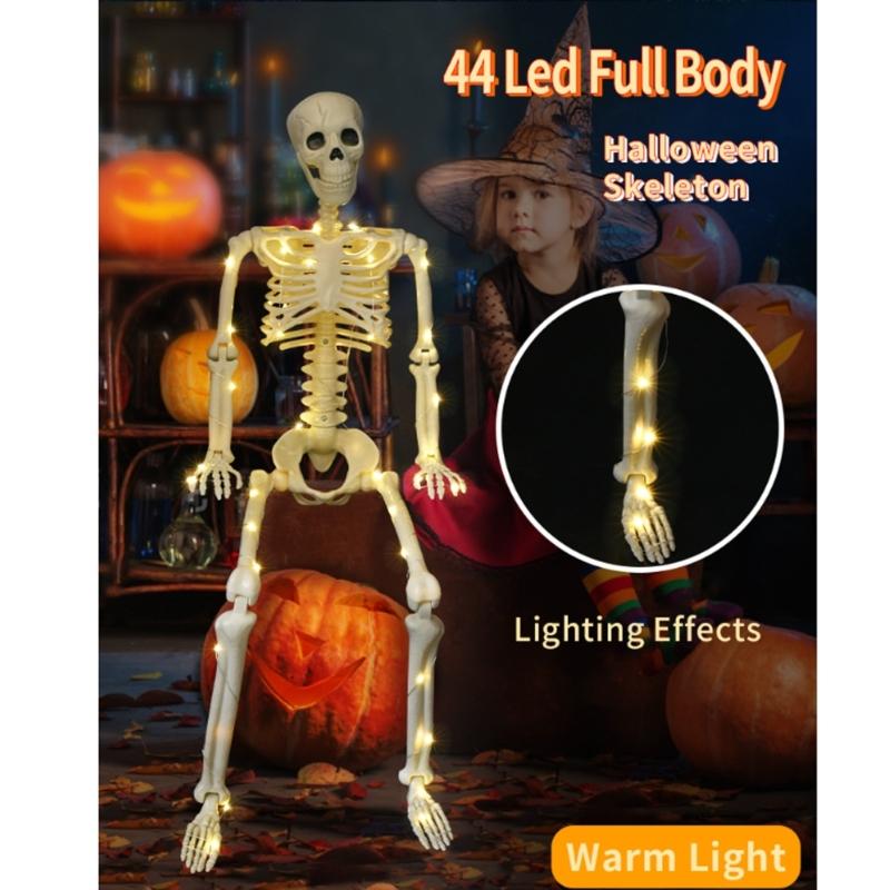 Poseable Full Body Human Skeleton Decors Haunting Halloween Party Skeleton with LED Green Lights for Scary Atmosphere