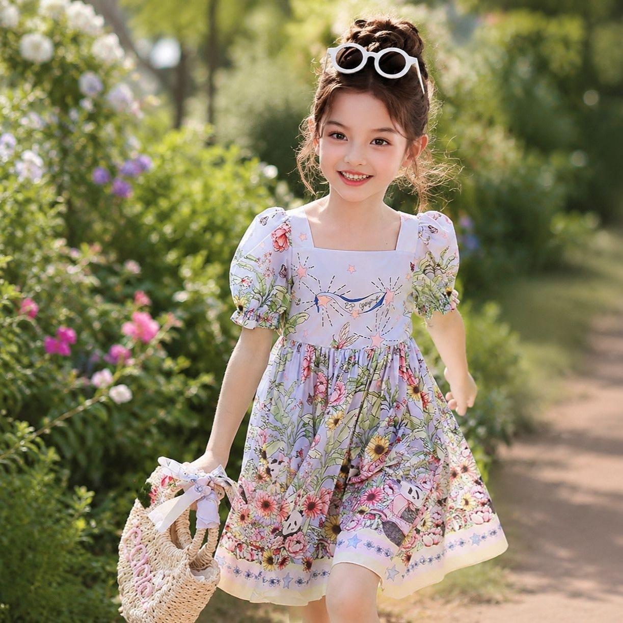 Girls Summer Lightweight Princess Dress with Panda Print and Puff Sleeves 100