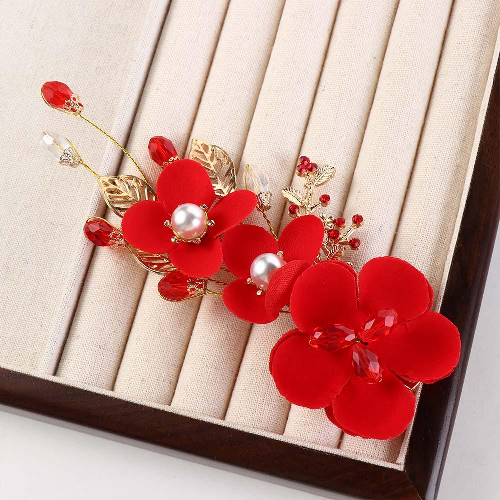 Pearl Red Flower Bride Festival Hairpins Women Barrettes Duckbill Clips Chinese Hanfu Hair Clips