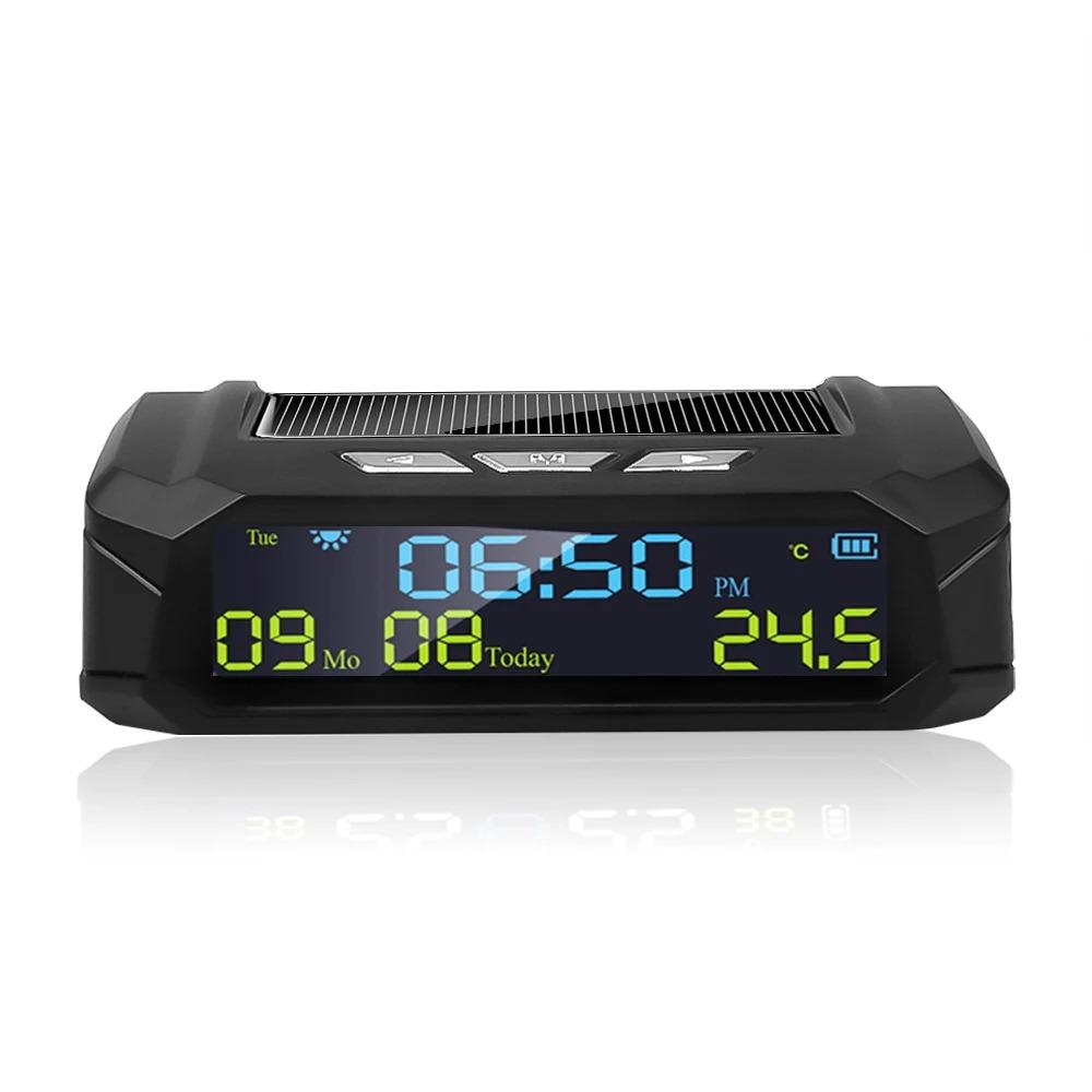 Solar Car Clock with LCD Time Date In-Car Temperature Display Digital Clock for Car Decoration