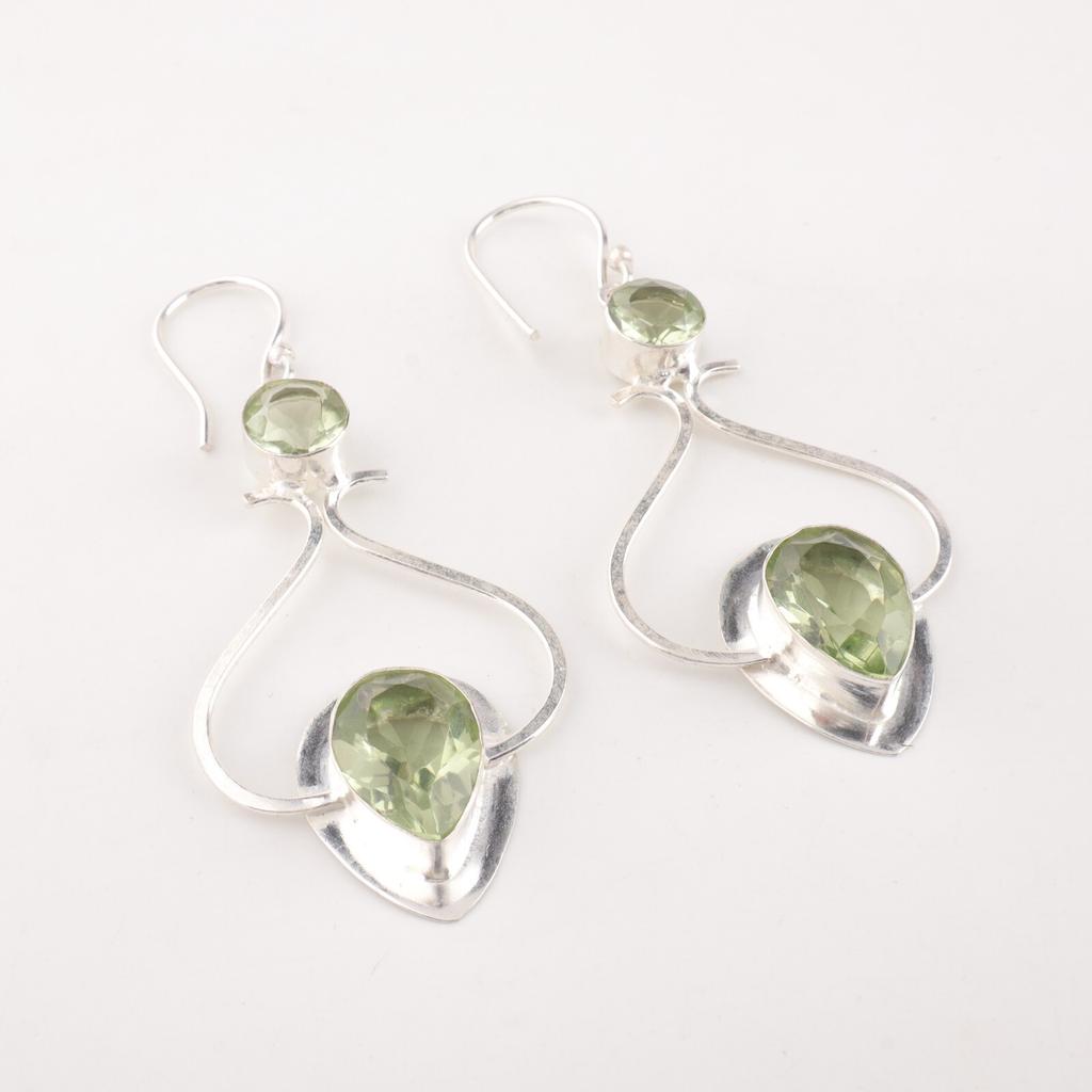 Natural Green Amethyst Gemstone 925 Solid Silver Handmade Stylish Earrings 2.07" EE-170-14
