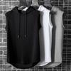 Men Vest Hooded Adjustable Drawstring Sleeveless Summer Vest Wide Shoulder Straps Pure Color Quick Drying Sports Tops