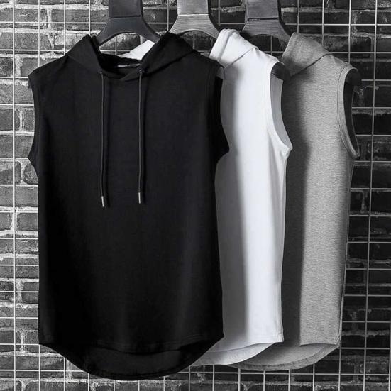 Men Vest Hooded Adjustable Drawstring Sleeveless Summer Vest Wide Shoulder Straps Pure Color Quick Drying Sports Tops
