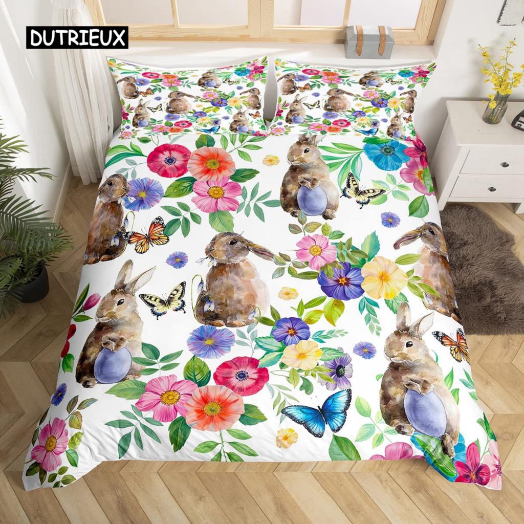 Easter Rabbit Tail Comforter Cover Pastel Pink Tulip Flowers Duvet Cover Twin Easter Eggs Kawaii Animal Bedding Set Easter Decor