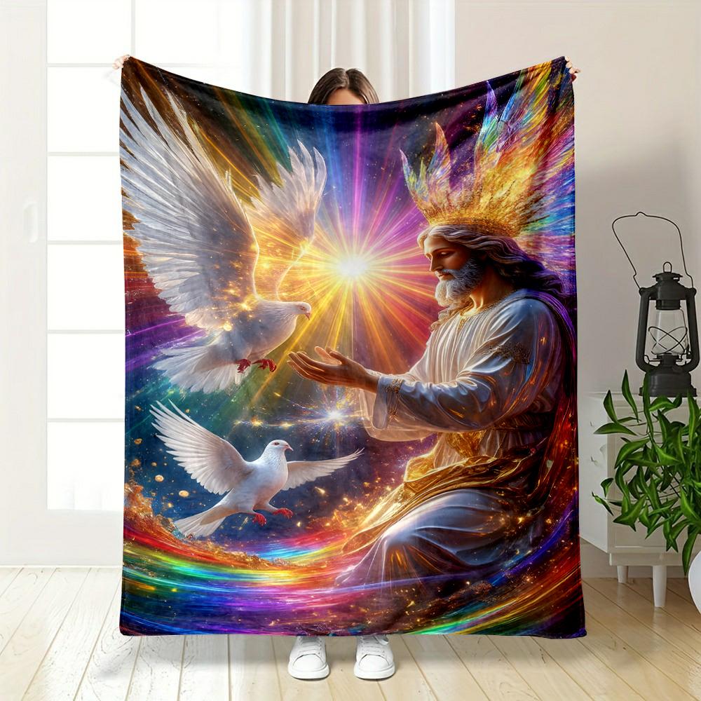 Celestial Figure with Doves and Rainbow LightFlannel blanket for bedroom, living room, sofa, and nap