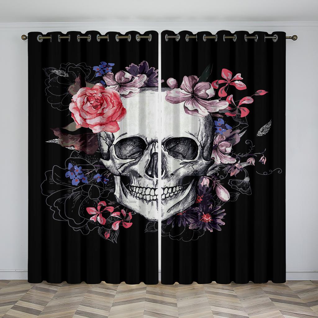 Personality 3D Print Black Mystery Skull Rose Curtains 2 Panel Living Room Bedroom Balcony Study Decorative Curtains