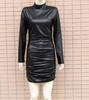 2022 Women's Faux Leather Stand-up Collar Pleated Bodycon Dress - European & American Fashion