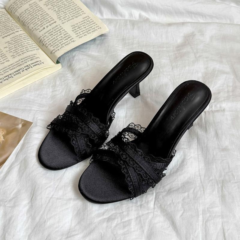 

2025 summer new round head thin heel high heel temperament thin fashion beautiful open-toed women s slippers 35 чёрный