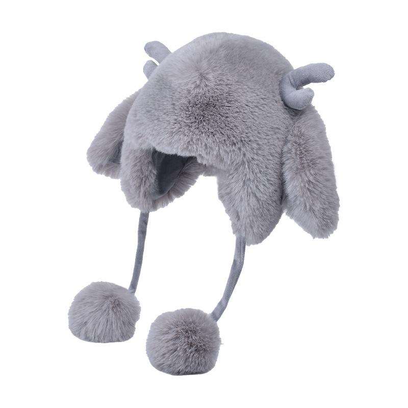 Women Autumn Winter Warm Thicken Ear Protector Hat Cold Plush Velvet Outdoor Antlers Knitted Bomber Cap Sweet Cute Lei Feng Hats