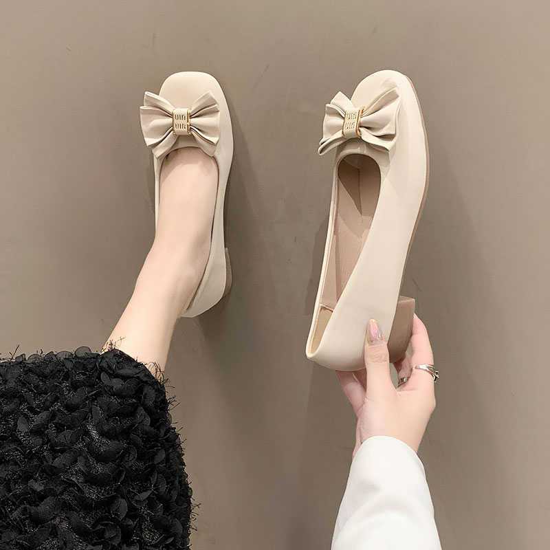 Bow Square Head Single Shoes Women's Shallow Mouth Flat Bottom Ballet Shoes One Pedal Lazy Shoes Spring and Autumn Temperament Small Leather Shoes Wo