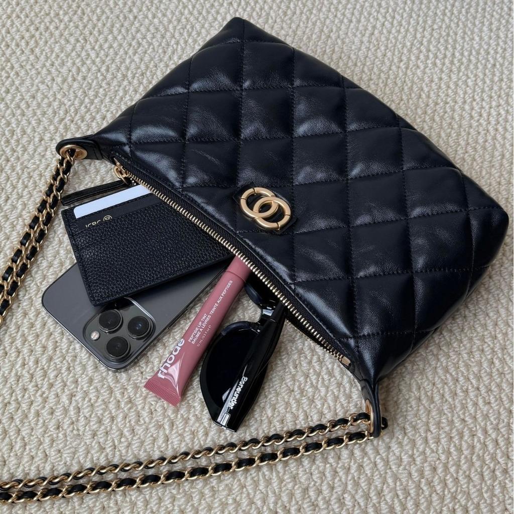 Rhombus Chain Hobo Dumpling Bag Black Sheepskin Double Circle Hardware Underarm Bag Method Stick Shoulder Bag Women