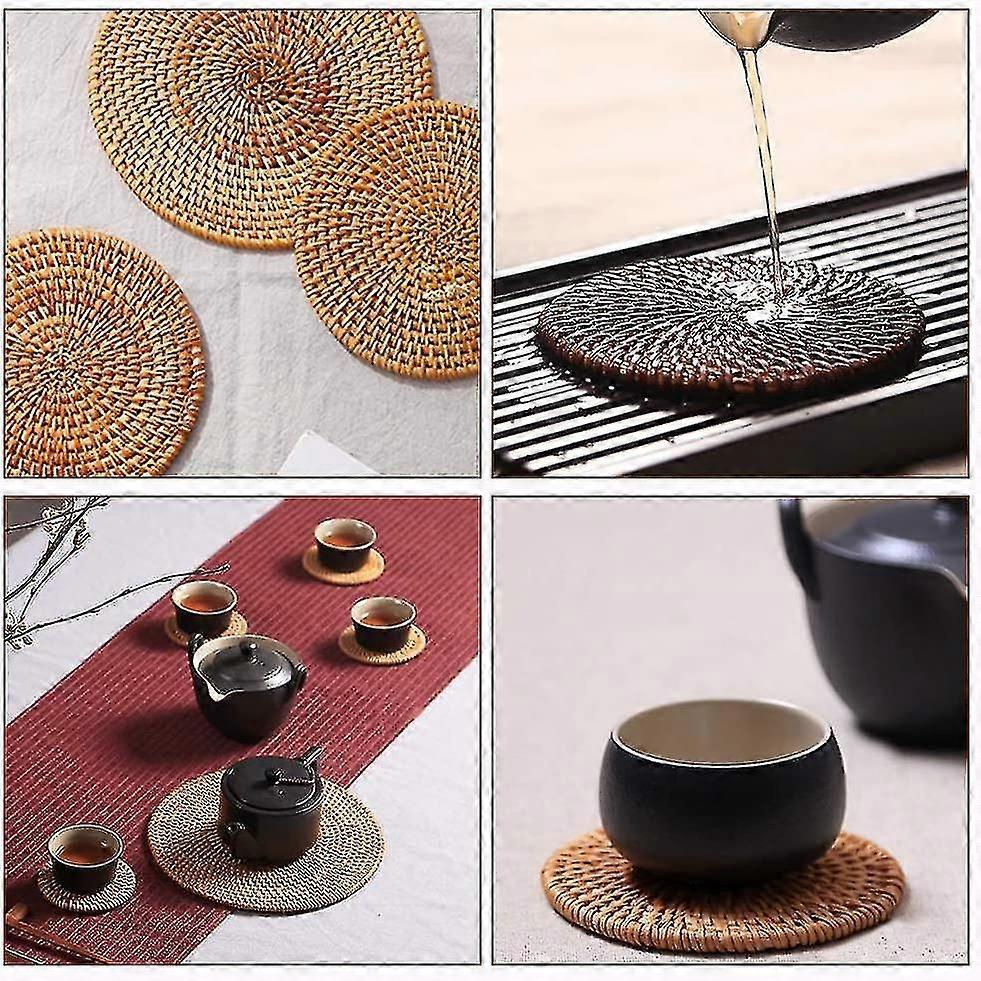 Rattan Woven Coasters Round Coasters Insulation Pads Desk Mats - 6 Pieces - PJ