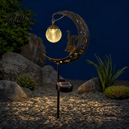 Lawn Solar Lights Moon And Hummingbird Garden Light Outdoor Cracked Glass Ball Stake Decorative Lamp for Yard Waterproof Automatic LED Lighting