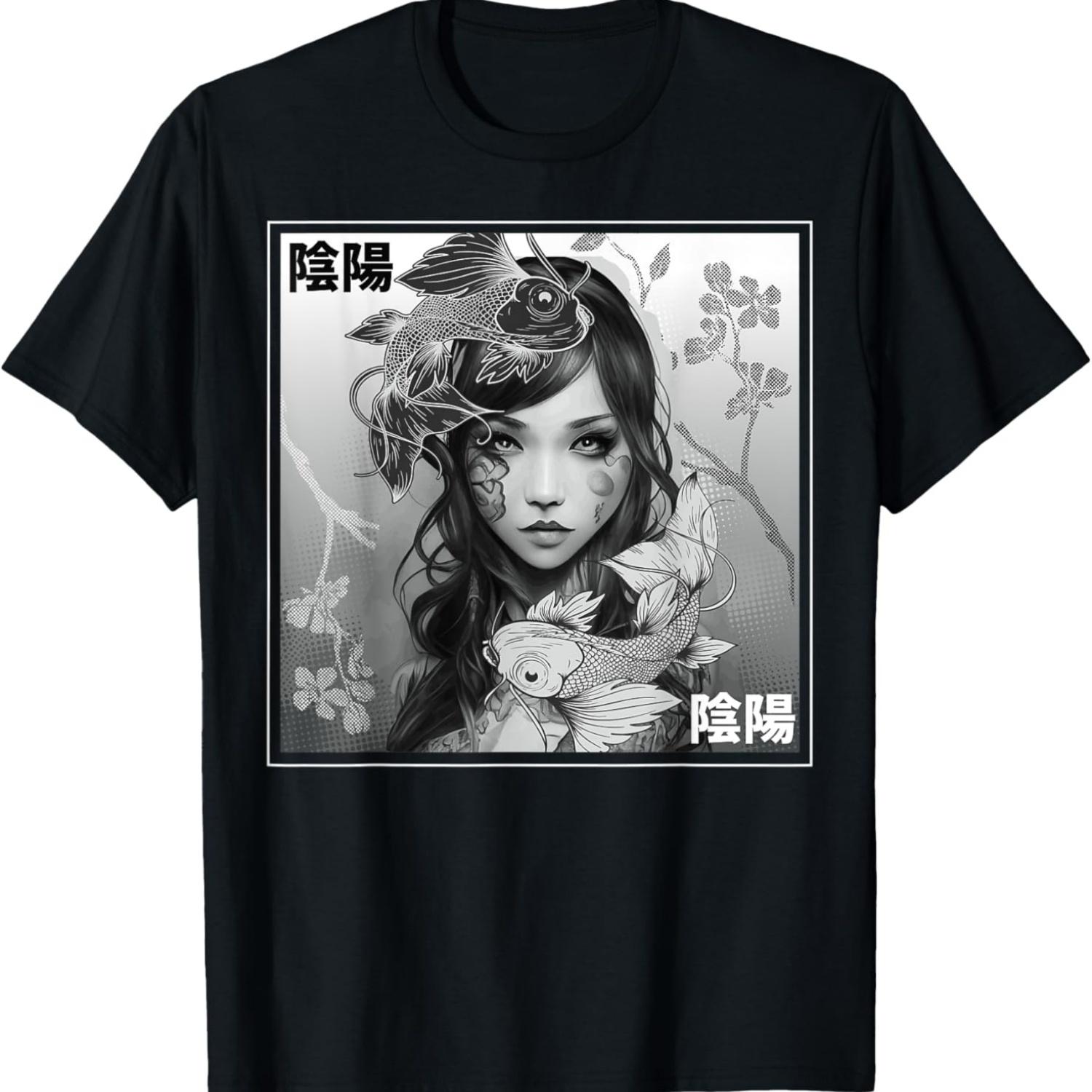 Yin Yang Koi Fish Gothic Emo Cherry Blossom T-Shirt S чёрный