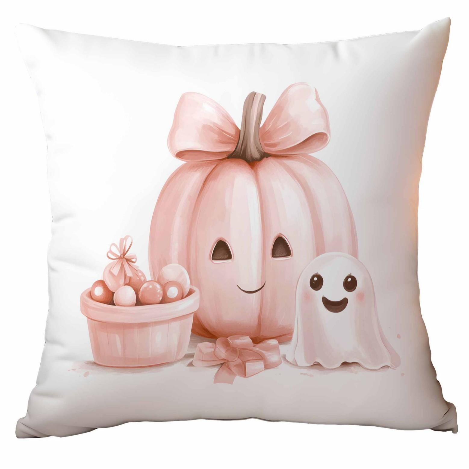 

1pc Pink Halloween Cushion Cover Cute Ghost Candy Print Cozy Washable Pillowcase for Halloween Themed Party for Sofa Decoration 45x45cm