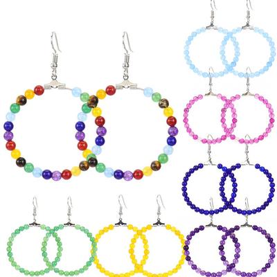 European Bohemian Handmade Colorful Agate & Jade Bead Hoop Dangle Earrings E29.