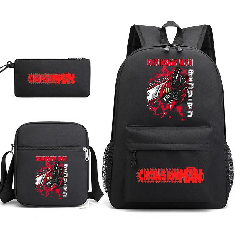 Chainsaw Man Print Student Backpack Set with Crossbody Bag and Pencil Pouch for Boys Girls Daily Use