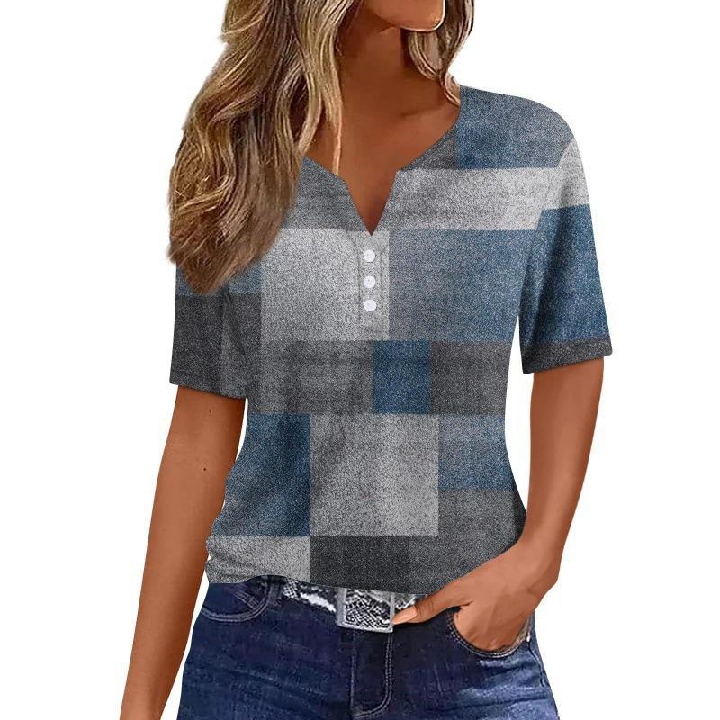 Print Short Sleeve European Style Women Clothing T-Shirt V-Neck