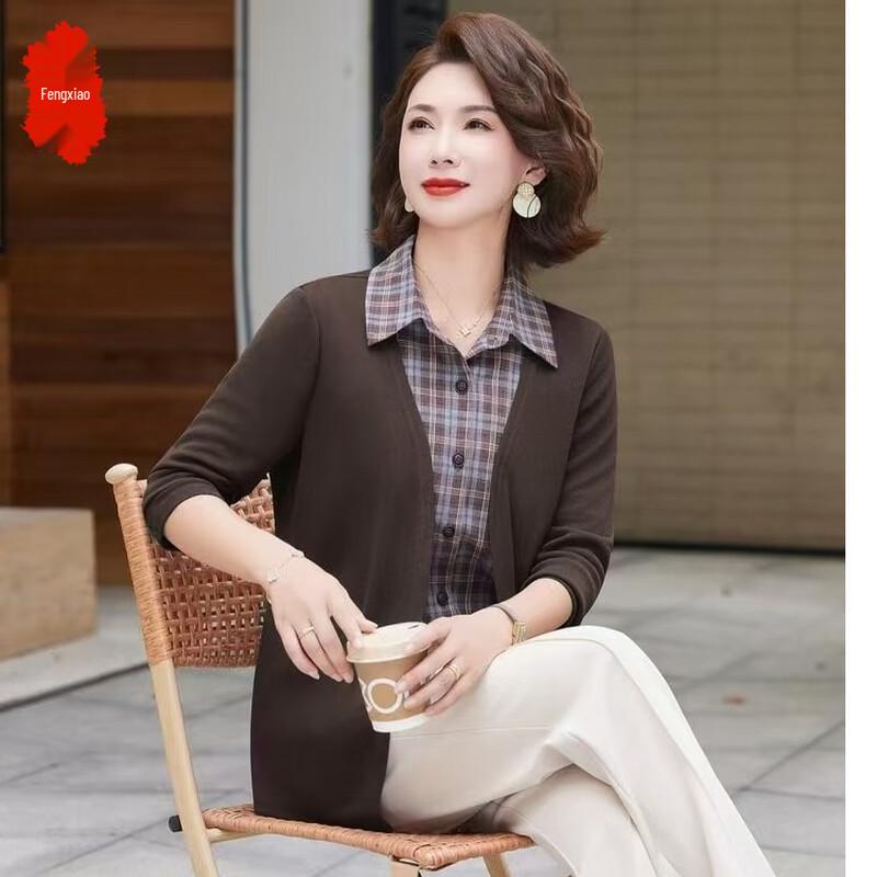 Middle-Aged Women s Spring Fake Two-Piece Knitted Lapel Top XL