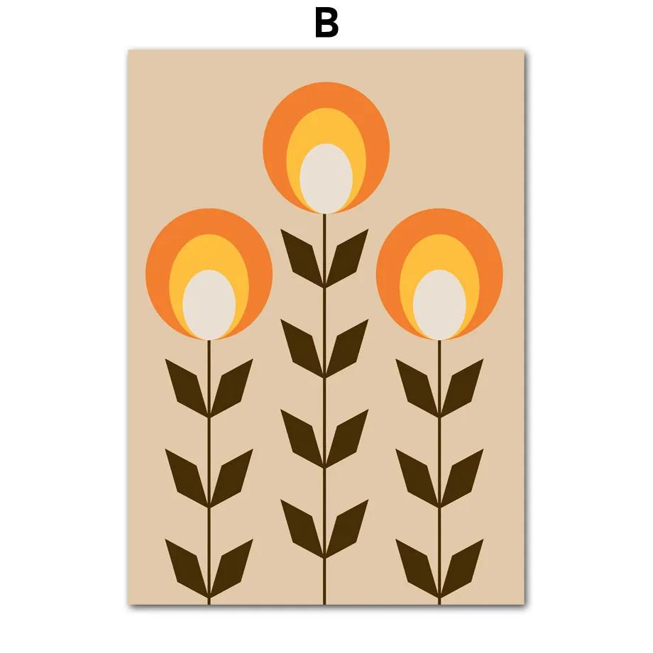 Retro 70s Inspired Art Prints, Orange Lines, Flower, Sun, Abstract Shapes Poster, Canvas Painting, Wall Pictures, Living Room De