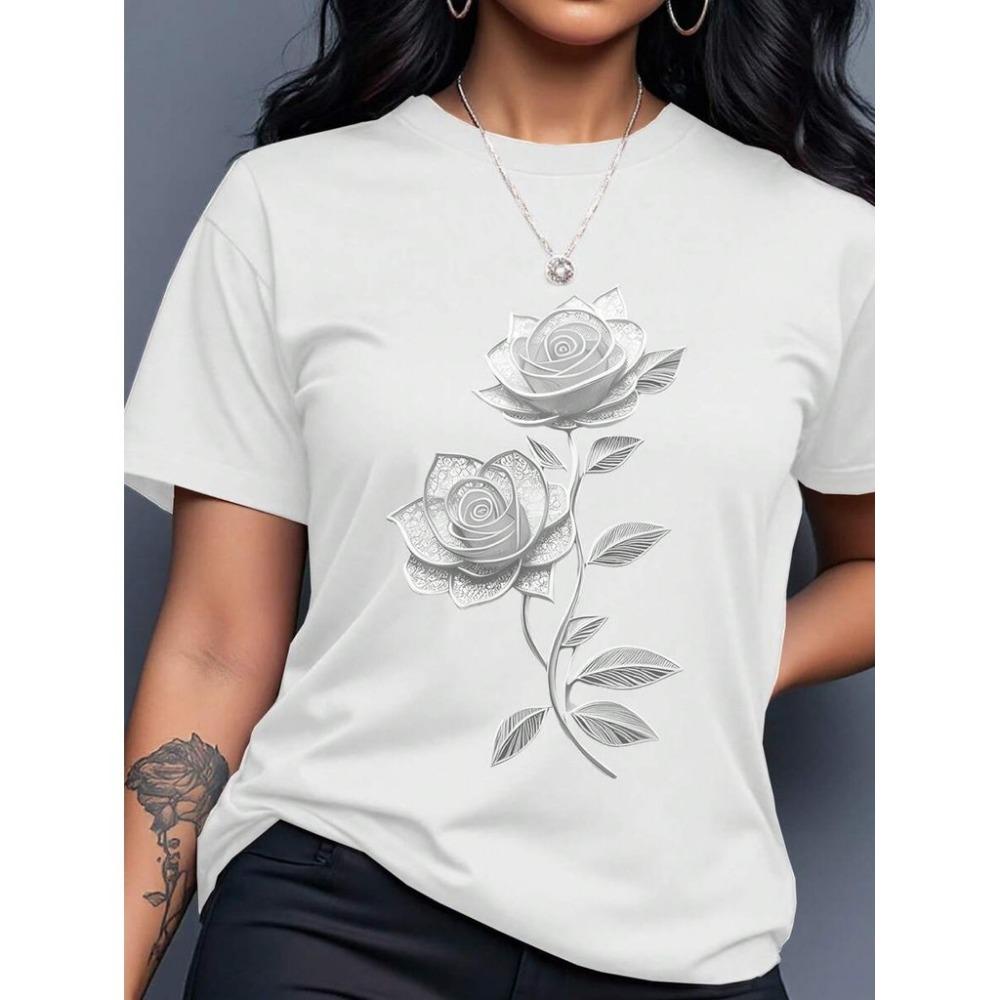 Damen lässiges T-Shirt mit Rosen-Schmetterlings-Print, Rundhalsausschnitt, kurzärmelig, Sommer