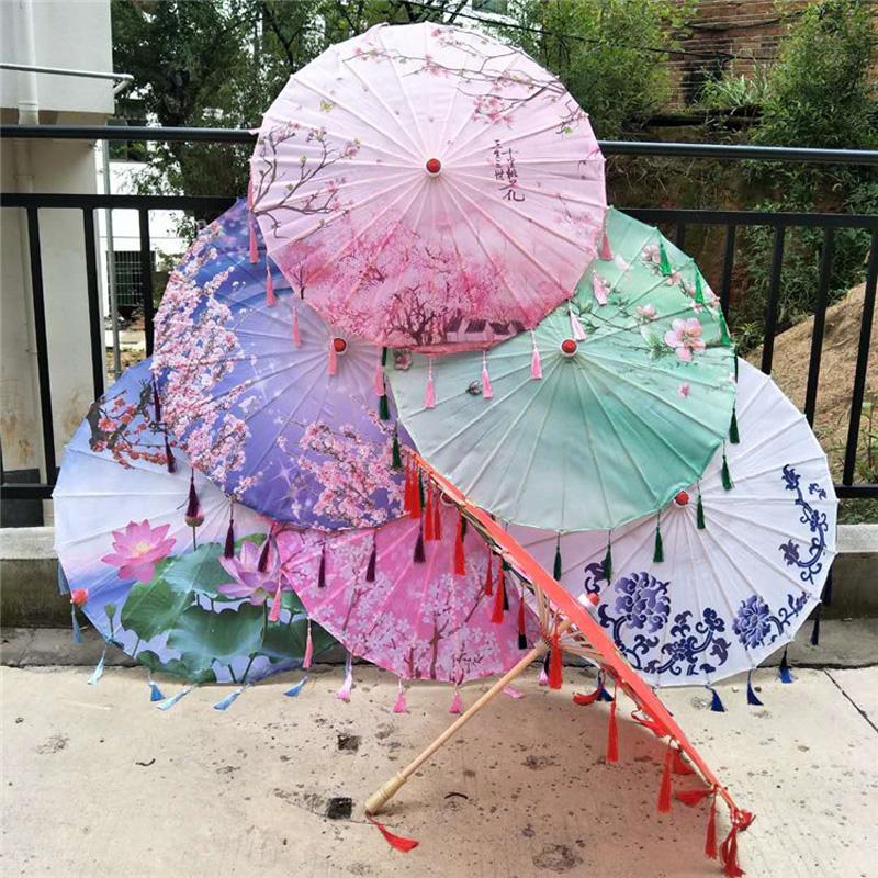 1PC with Tassel Classical Women's Umbrella for Hanfu Accessories Satin Cloth Photograph Props Fairy Ancient Parasol