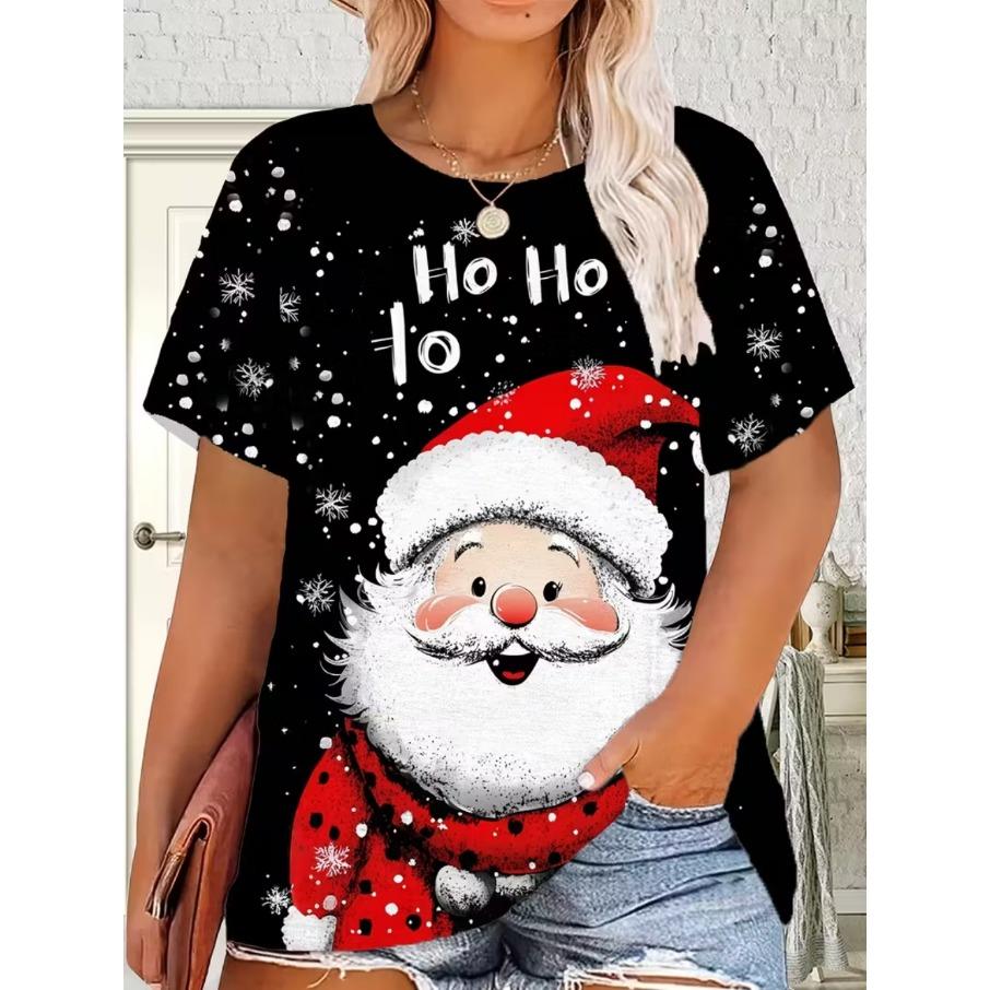 XL-7XL Dam Casual Jul 3D-tryck Lös Rund Hals Kortärmad T-shirt Topp