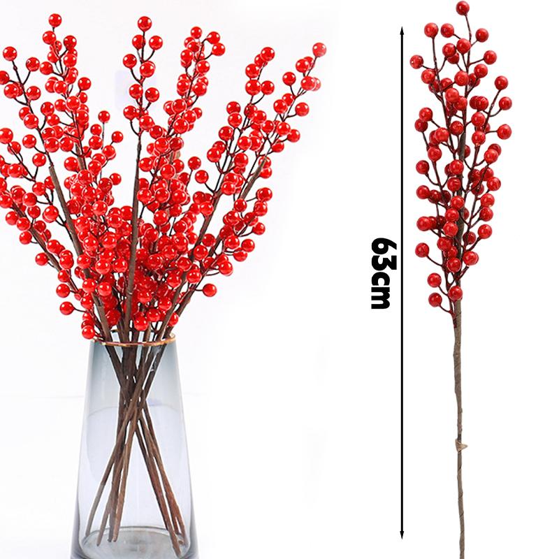 37/63cm Artificial Berry Branch Foam Christmas Decorative Red Berries Branch Xmas Tree Tabletop Vase Wealth Fruit Ornaments