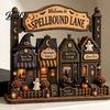 Layered Wooden Street Signs 2D Halloween Village Figurine, Spellbound Lane Haunted House Tabletop Decoration with Small Town Figures Witch Hat