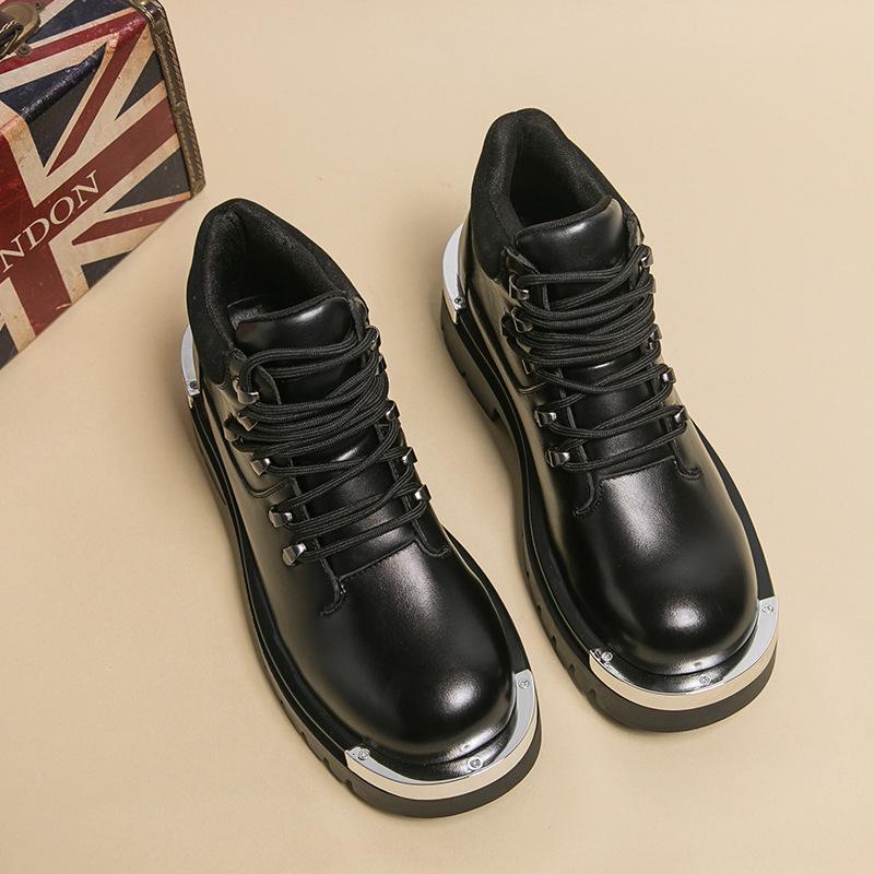 

Кожаная обувь Мужские ботинки Платформа Ботинки Мартин Высокие мужские повседневные Черные ботинки-локомотивы Короткие ботинки Большая круглая голова Ботинки-инструменты 46