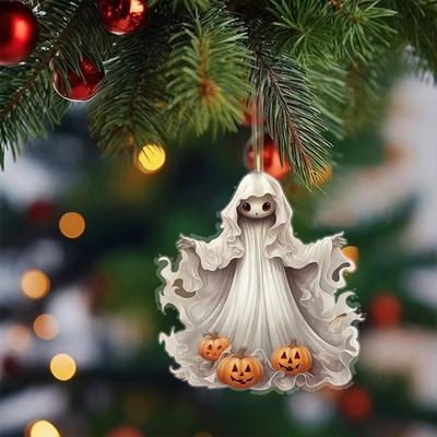 Halloween Ghost Car Pendant 2D Flat Ghost with Pumpkin Acrylic Car Rearview Mirror Charm for Auto Interior Hanging Accessories