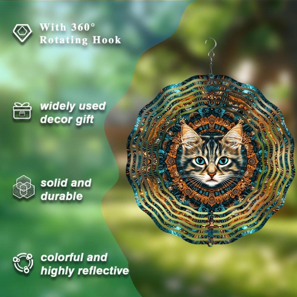 10 Inch Cat Wind Chime Outdoor Garden Decor with 360 Degree Hook Vibrant Blue Gold Design for All Seasons Home Yard Hanging