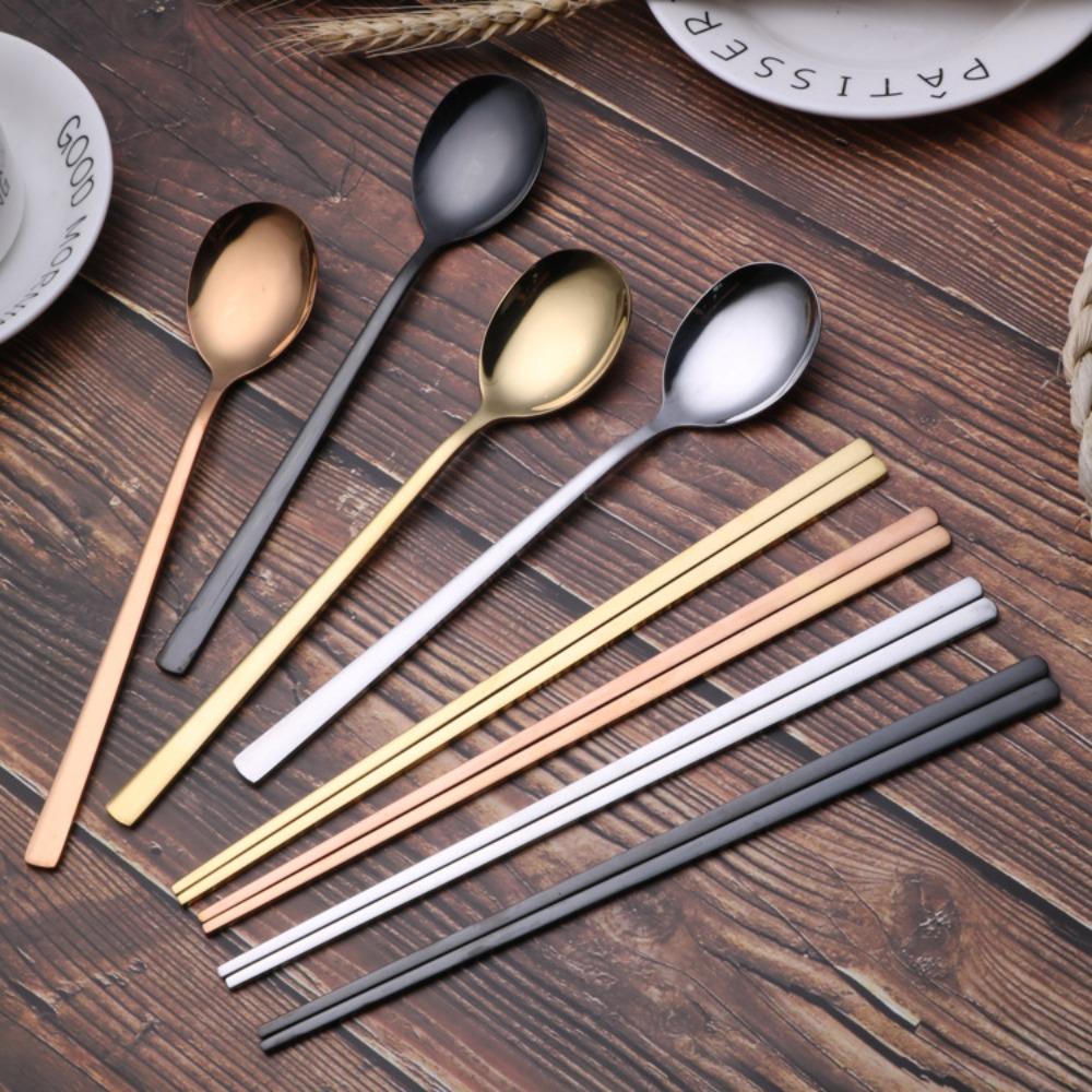 Korean Stainless Steel Spoon Chopstick Set, Restaurant Hotel Golden Spoon Solid Flat Chopsticks